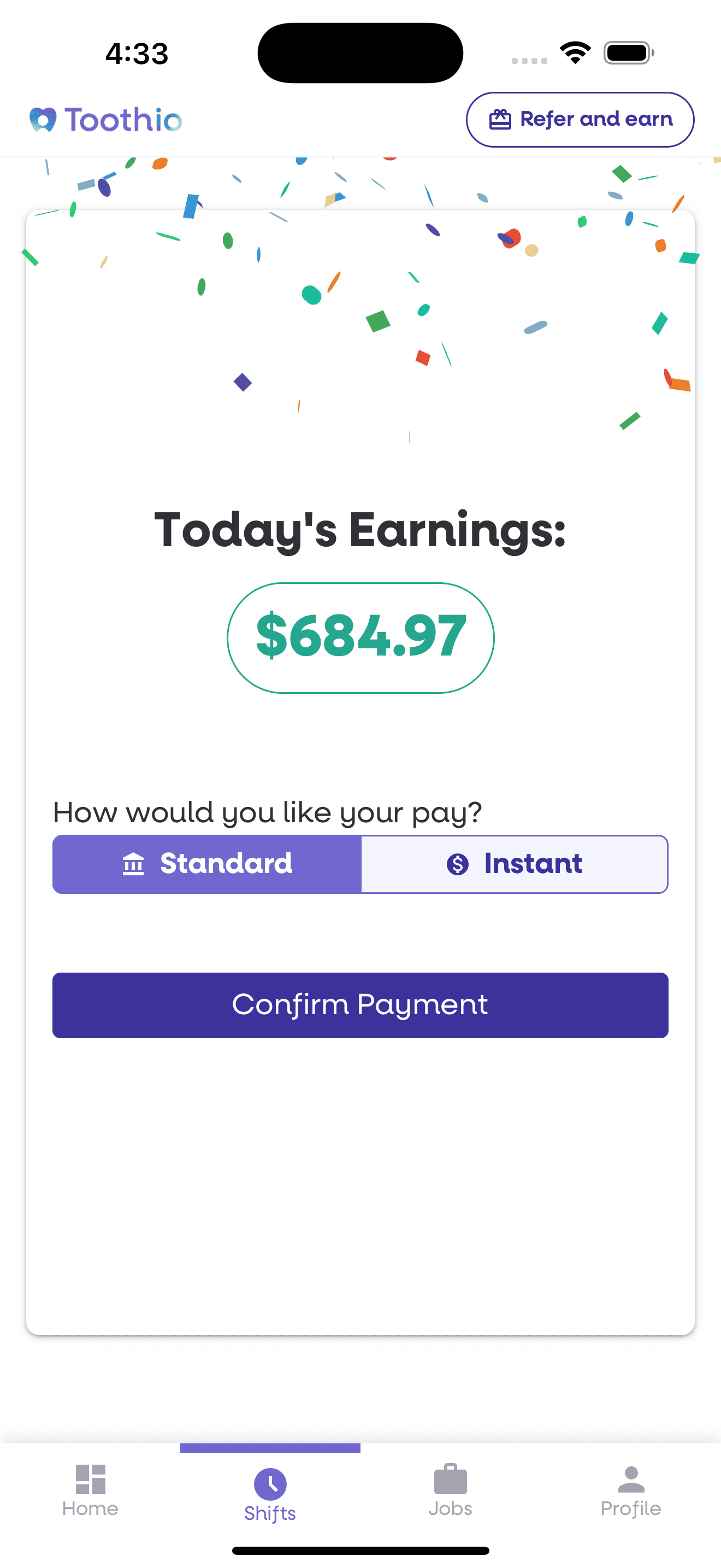 Toothio Pro payout screen showing today's earnings